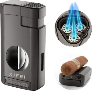 XIFEI Cigar Lighter, Triple Jet Flame Torch Lighter with Cigar Cutter V Cut, Cigar Accessories Cigar Holder, Windproof Refillable Butane Lighters for Smoking with Gift Box