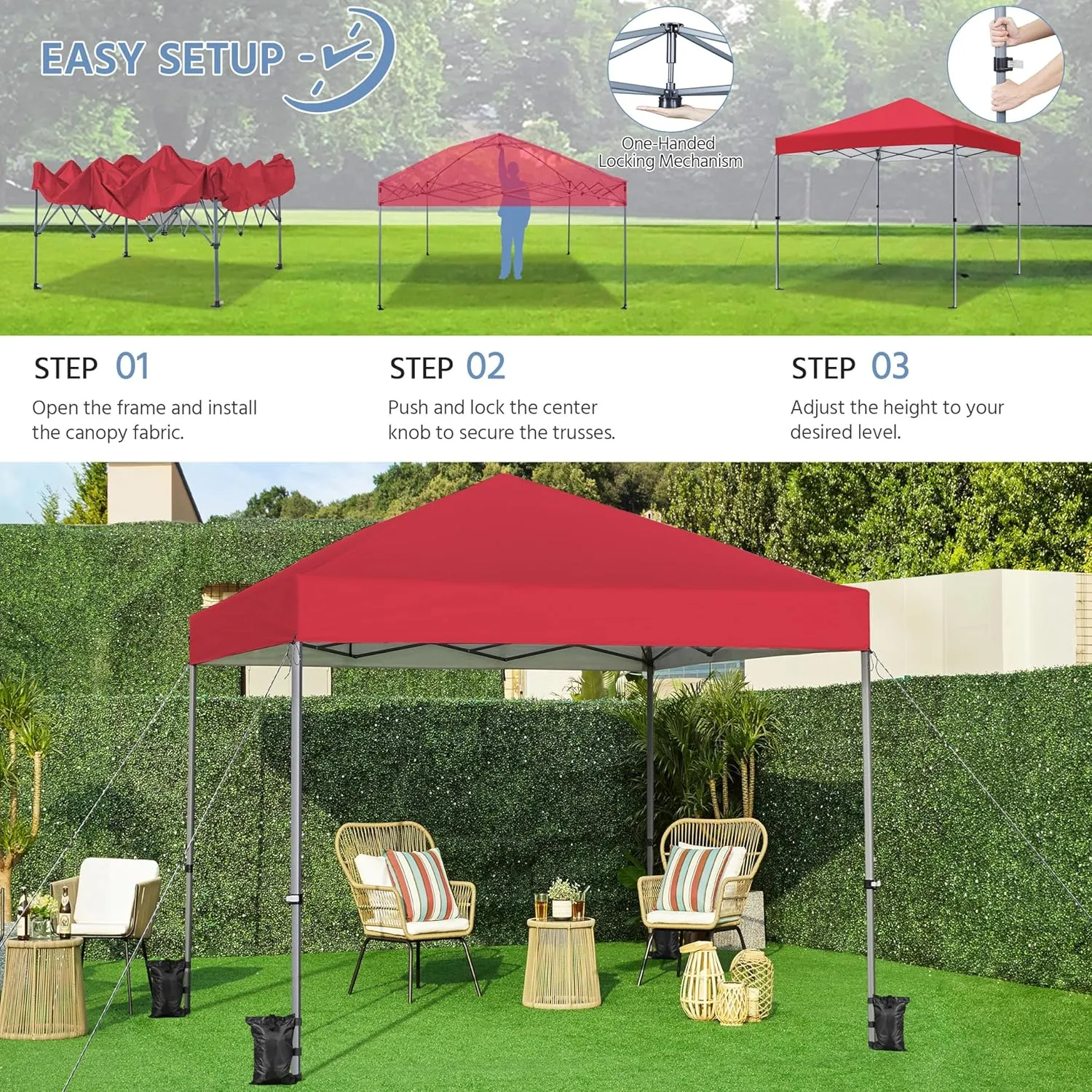 Yaheetech 10x10 1-Person Setup Pop Up Canopy Tent, Instant Portable Commercial Canopy Tent, Outdoor Gazebo with 1-Button Push, Wheeled Bag & 4 Sandbags for Home, Party & Outdoor Activities, Red