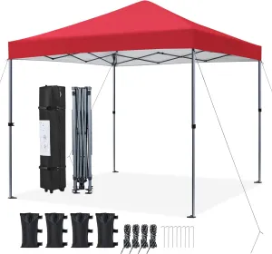 Yaheetech 10x10 1-Person Setup Pop Up Canopy Tent, Instant Portable Commercial Canopy Tent, Outdoor Gazebo with 1-Button Push, Wheeled Bag & 4 Sandbags for Home, Party & Outdoor Activities, Red