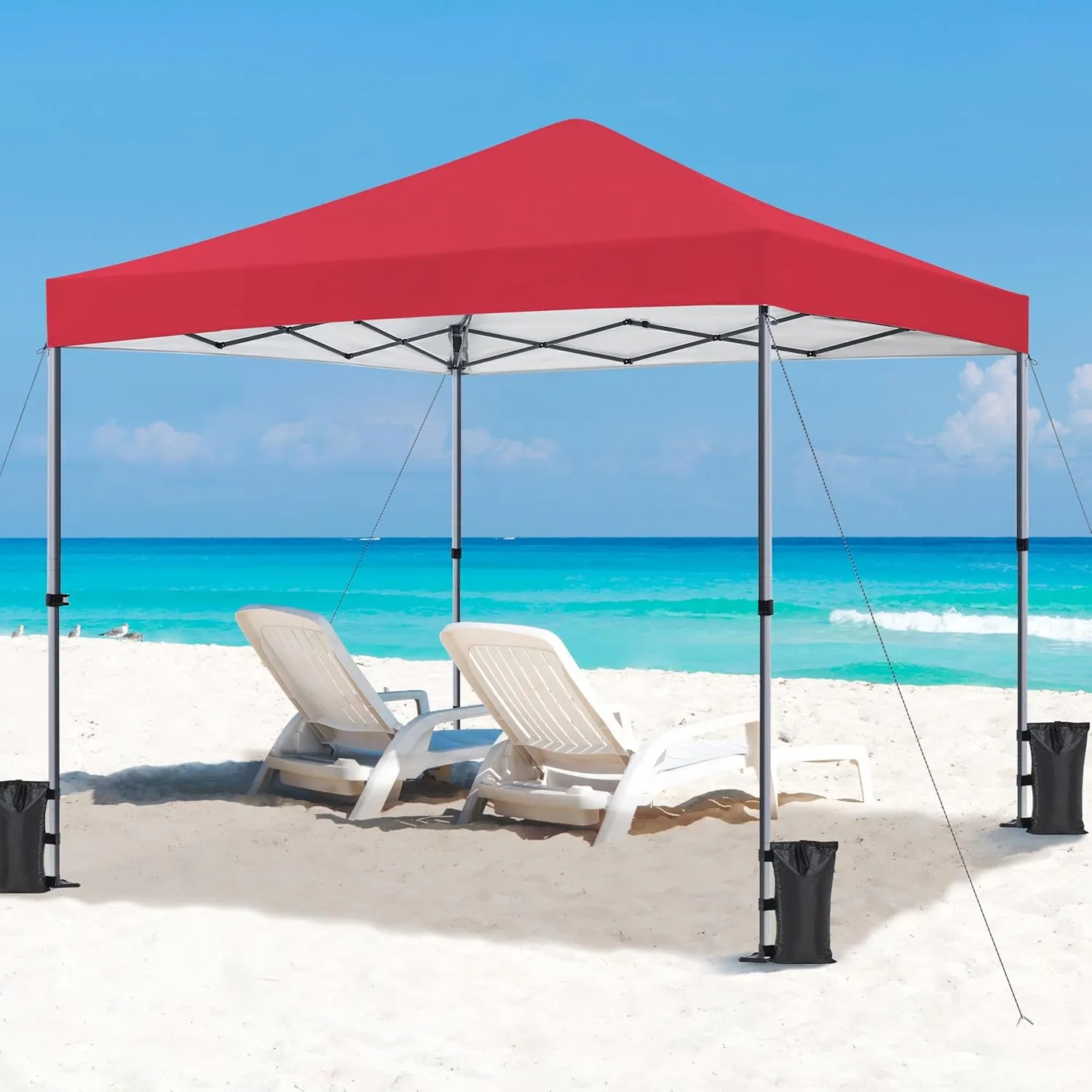 Yaheetech 10x10 1-Person Setup Pop Up Canopy Tent, Instant Portable Commercial Canopy Tent, Outdoor Gazebo with 1-Button Push, Wheeled Bag & 4 Sandbags for Home, Party & Outdoor Activities, Red