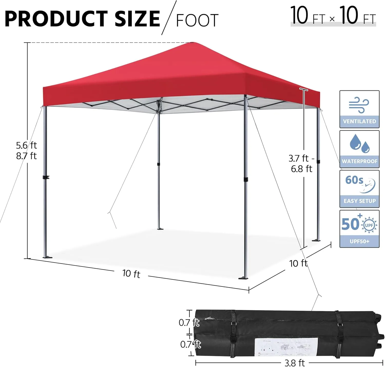 Yaheetech 10x10 1-Person Setup Pop Up Canopy Tent, Instant Portable Commercial Canopy Tent, Outdoor Gazebo with 1-Button Push, Wheeled Bag & 4 Sandbags for Home, Party & Outdoor Activities, Red