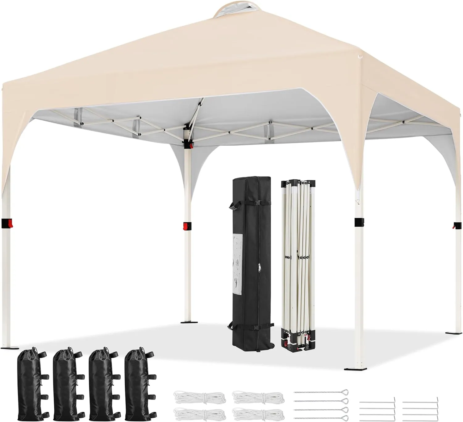 Yaheetech 10x10 Pop Up Canopy Tent with Vent, Easy Set Up Tent, Instant Sun Shelter Canopy with Wheeled Bag, 4 Sandbags, 12 Stakes & 4 Ropes, for Parties, Beach, Outdoor, Beige
