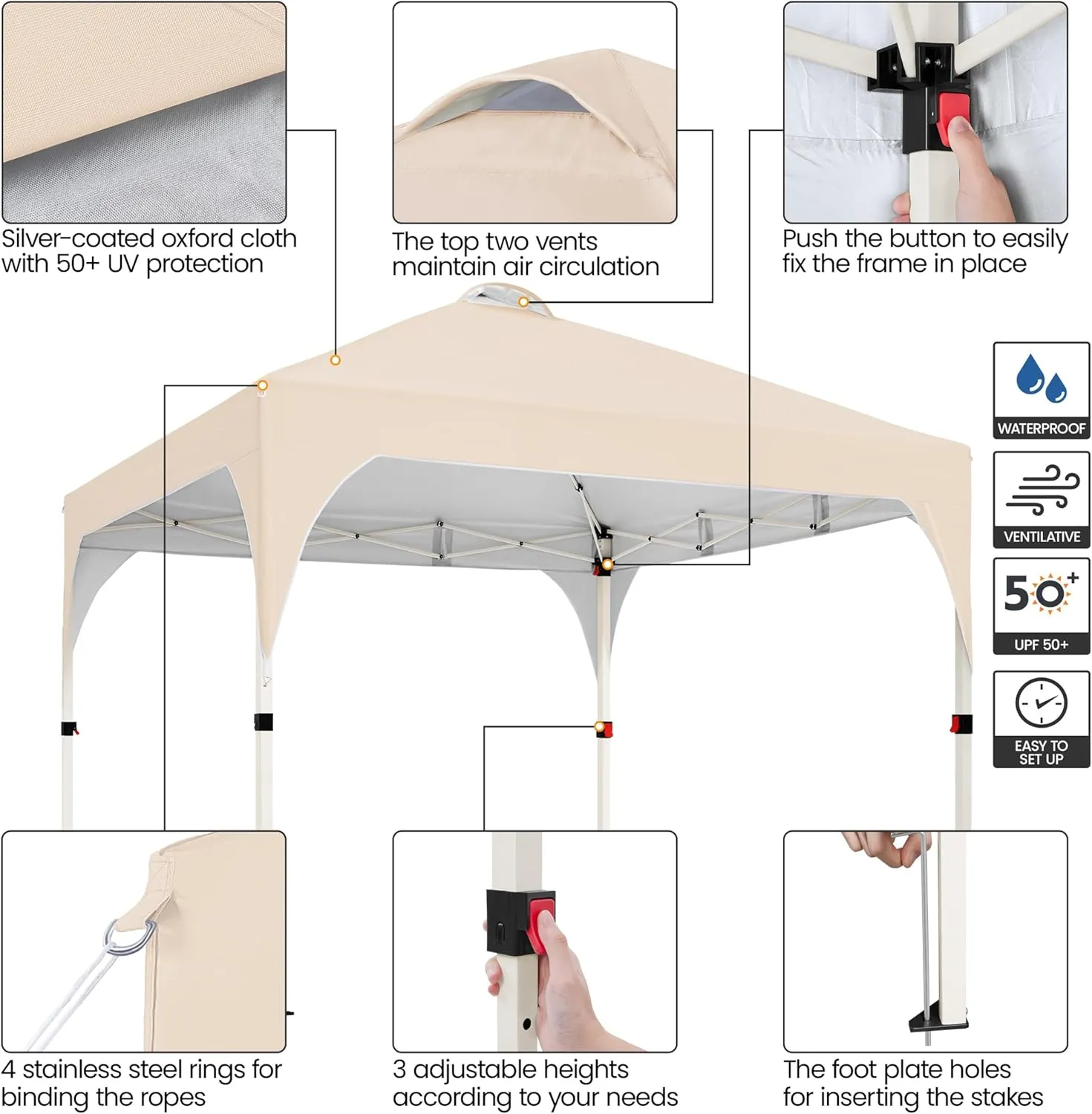 Yaheetech 10x10 Pop Up Canopy Tent with Vent, Easy Set Up Tent, Instant Sun Shelter Canopy with Wheeled Bag, 4 Sandbags, 12 Stakes & 4 Ropes, for Parties, Beach, Outdoor, Beige