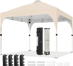 Yaheetech 10x10 Pop Up Canopy Tent with Vent, Easy Set Up Tent, Instant Sun Shelter Canopy with Wheeled Bag, 4 Sandbags, 12 Stakes & 4 Ropes, for Parties, Beach, Outdoor, Beige