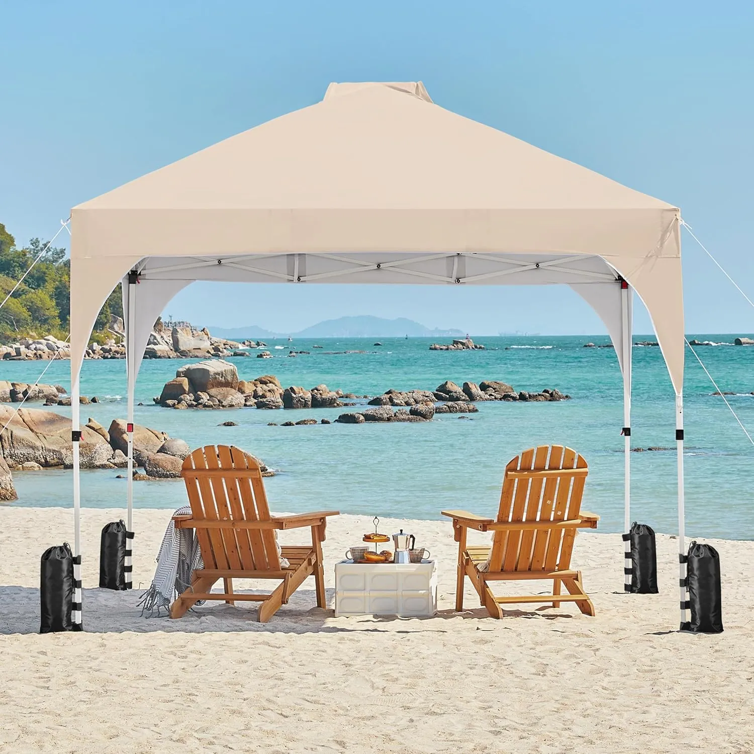 Yaheetech 10x10 Pop Up Canopy Tent with Vent, Easy Set Up Tent, Instant Sun Shelter Canopy with Wheeled Bag, 4 Sandbags, 12 Stakes & 4 Ropes, for Parties, Beach, Outdoor, Beige