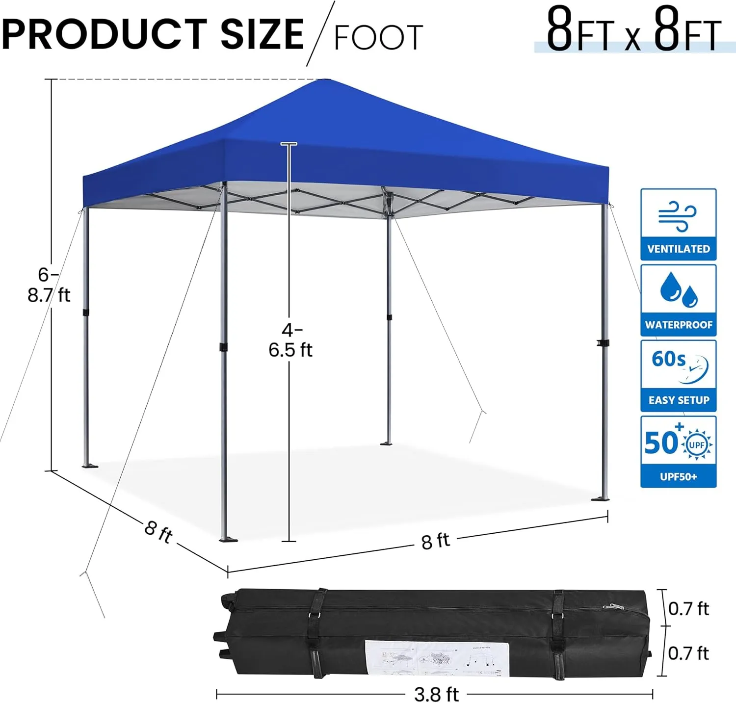 Yaheetech 8x8 Pop Up Canopy Easy Set-up Tent, Portable Outdoor Canopy Instant Tent, Commercial Gazebo with Wheeled Carry Bag & 4 Sandbags for Home, Party & Outdoor Activities, Blue