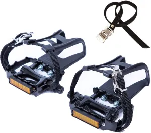 YBEKI All-Terrain Bike Pedals with Toe Clips & Adjustable Straps Dual-Purpose Resin/Alloy Bicycle Pedals 9/16" Spindle - Indoor/Outdoor Use for Exercise/Spin/Road Bikes MTB