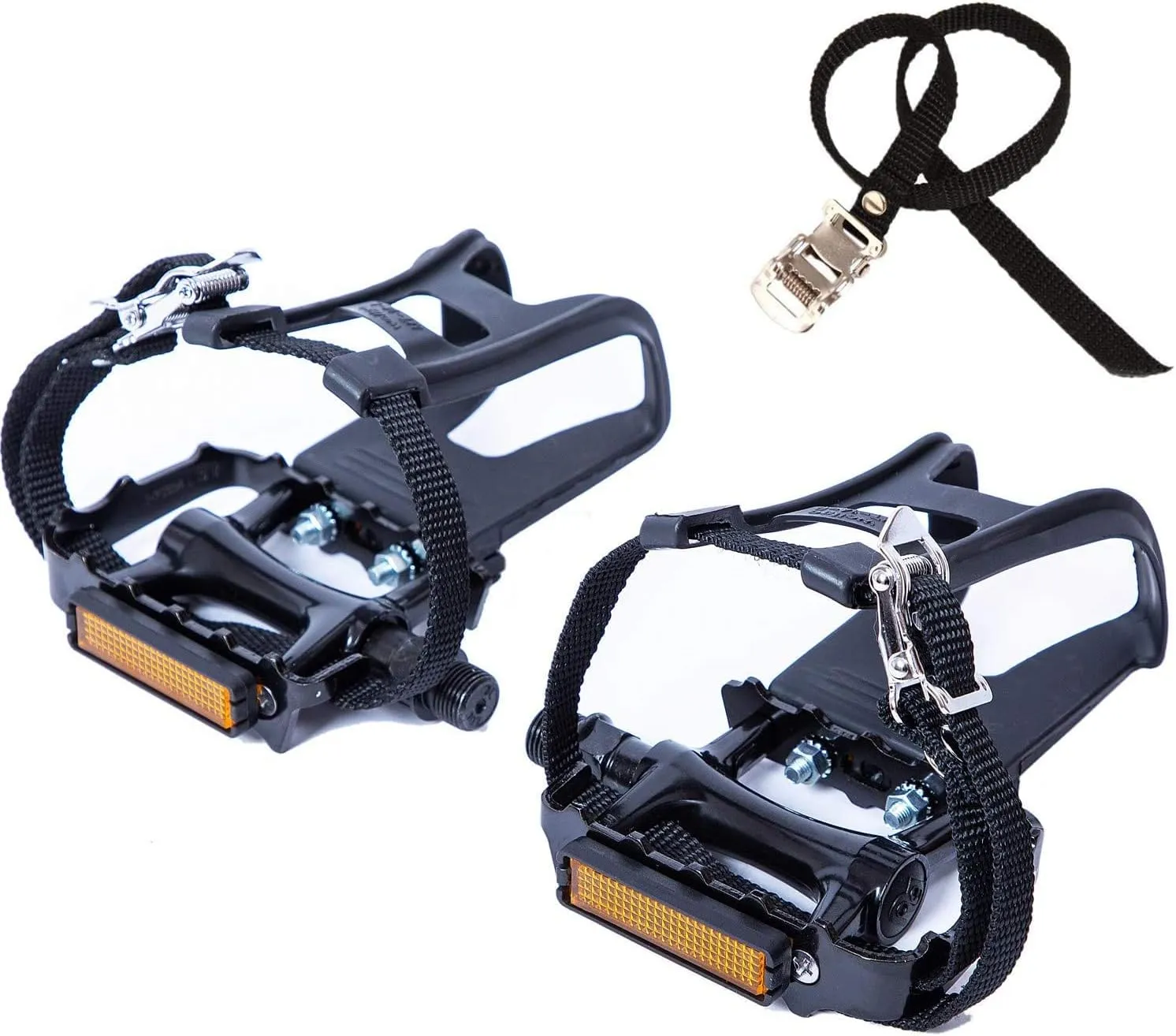 YBEKI All-Terrain Bike Pedals with Toe Clips & Adjustable Straps Dual-Purpose Resin/Alloy Bicycle Pedals 9/16" Spindle - Indoor/Outdoor Use for Exercise/Spin/Road Bikes MTB