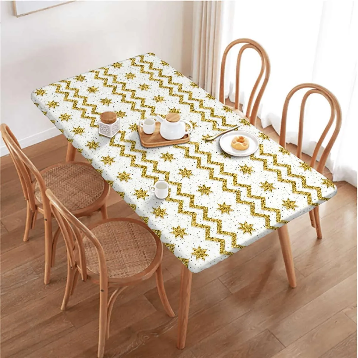 Yellow White Elastic Tablecloth Horizontal Zigzag Pattern Fitted Tablecloth Elastic Edge Table Cloth for Party Dining Home Picnic Abstract Fits up 4 Foot Tables