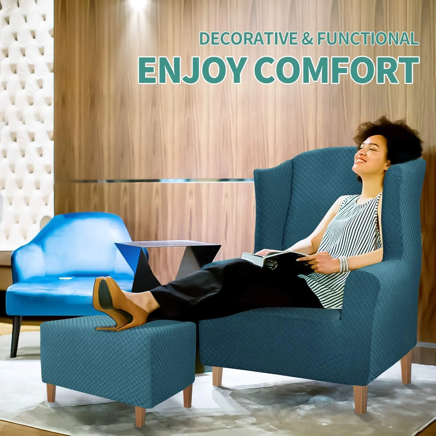 YEMYHOM Ottoman Cover Latest Jacquard Design High Stretch Folding Storage Footstool Protector Rectangle Removable Slipcover (Ottoman Medium, Peacock Blue)