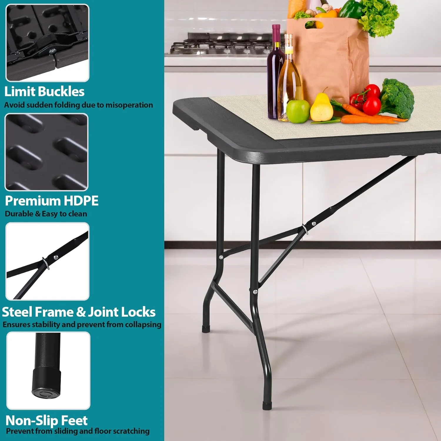 ZenStyle Indoor Outdoor Heavy Duty Plastic Folding Table Portable Picnic Table Fold-in-Half Utility Table w/Handle and Steel Legs for Camping, Dining, Party (Black, 6ft)