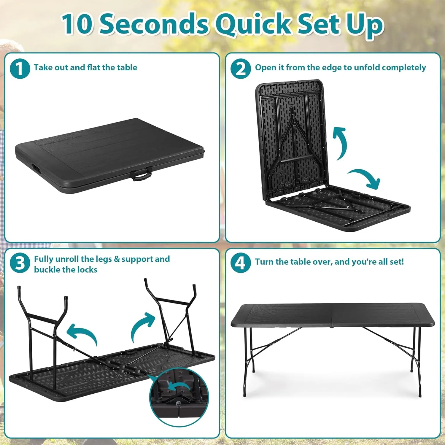 ZenStyle Indoor Outdoor Heavy Duty Plastic Folding Table Portable Picnic Table Fold-in-Half Utility Table w/Handle and Steel Legs for Camping, Dining, Party (Black, 6ft)
