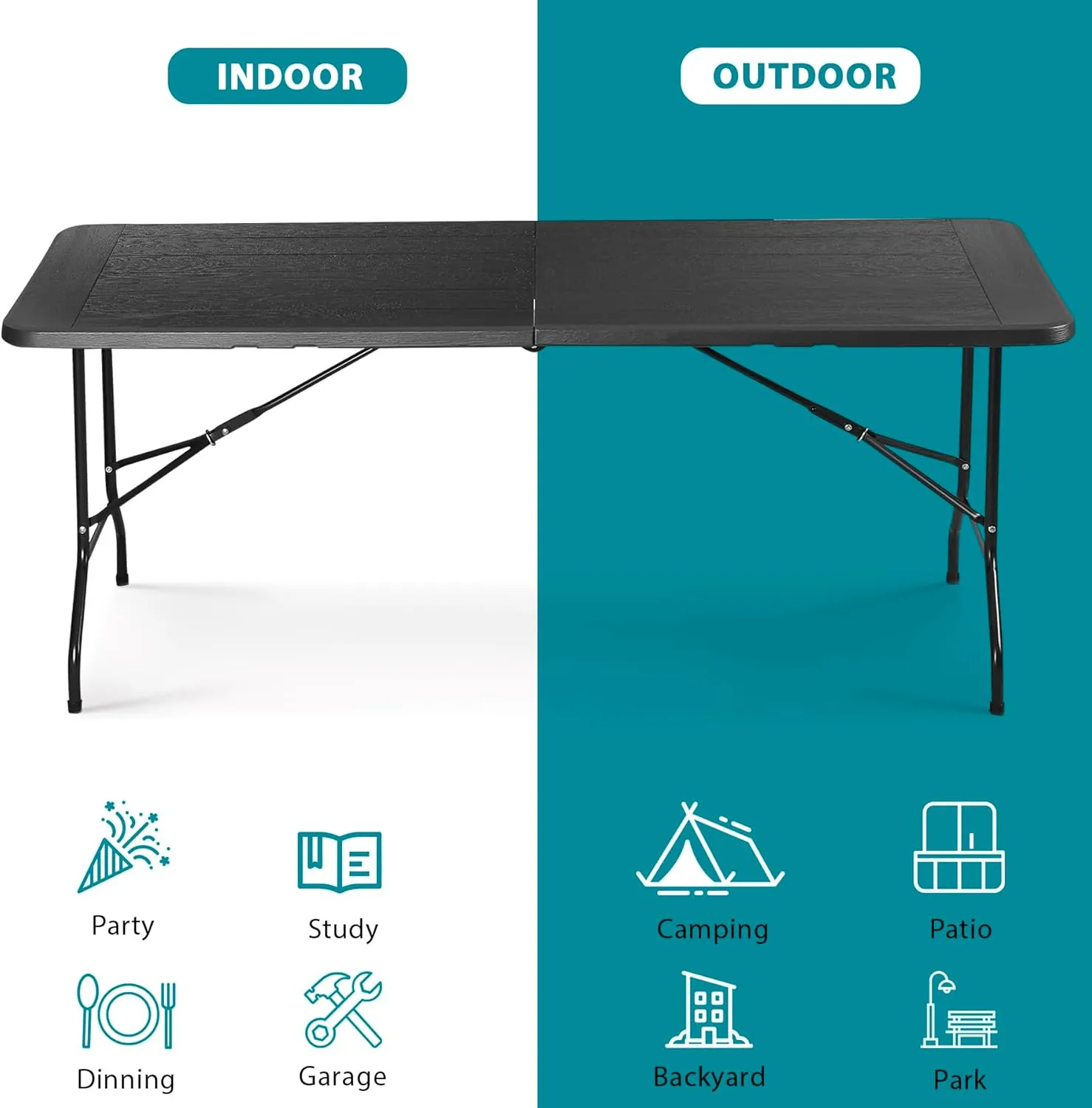 ZenStyle Indoor Outdoor Heavy Duty Plastic Folding Table Portable Picnic Table Fold-in-Half Utility Table w/Handle and Steel Legs for Camping, Dining, Party (Black, 6ft)