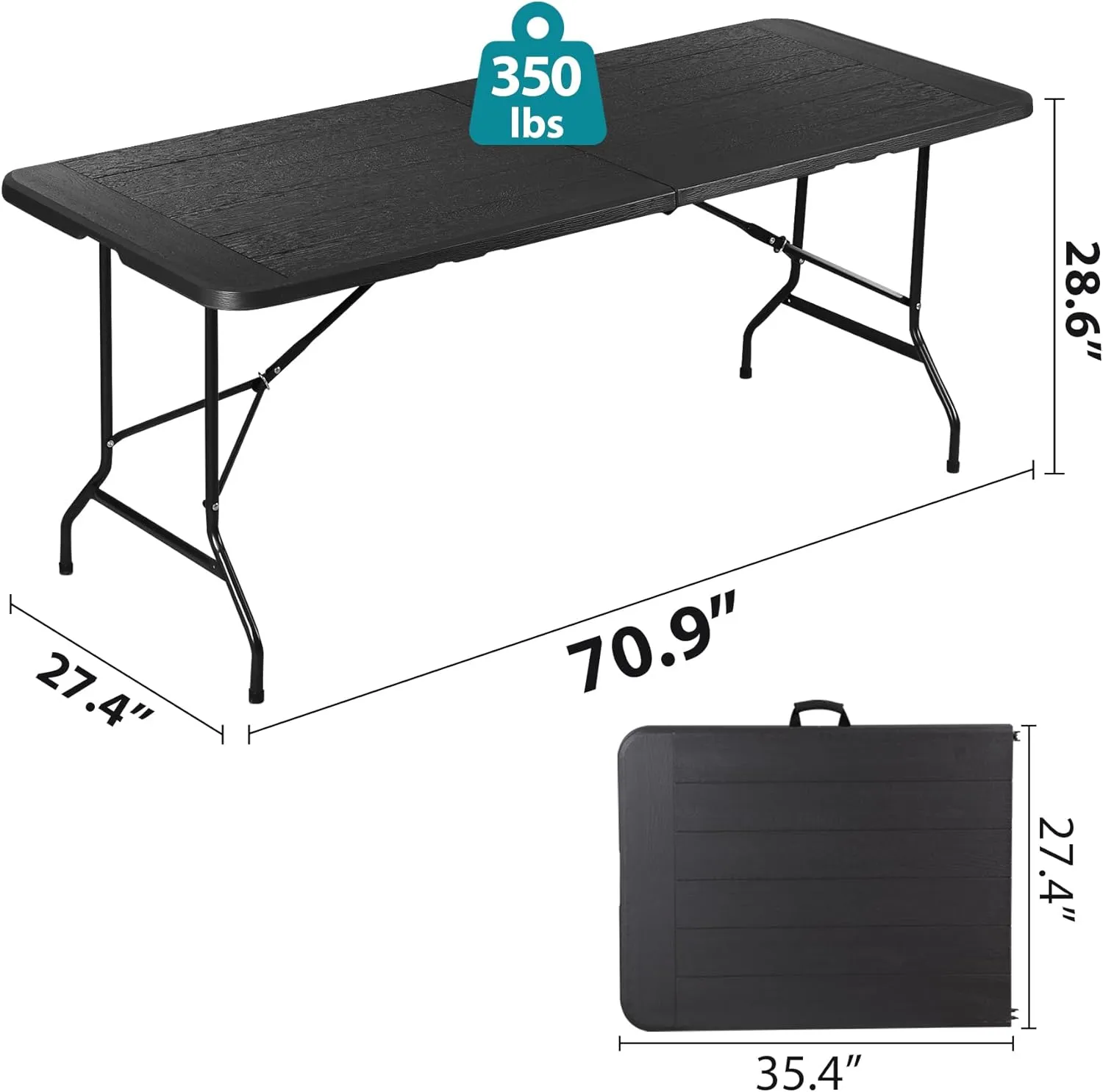 ZenStyle Indoor Outdoor Heavy Duty Plastic Folding Table Portable Picnic Table Fold-in-Half Utility Table w/Handle and Steel Legs for Camping, Dining, Party (Black, 6ft)