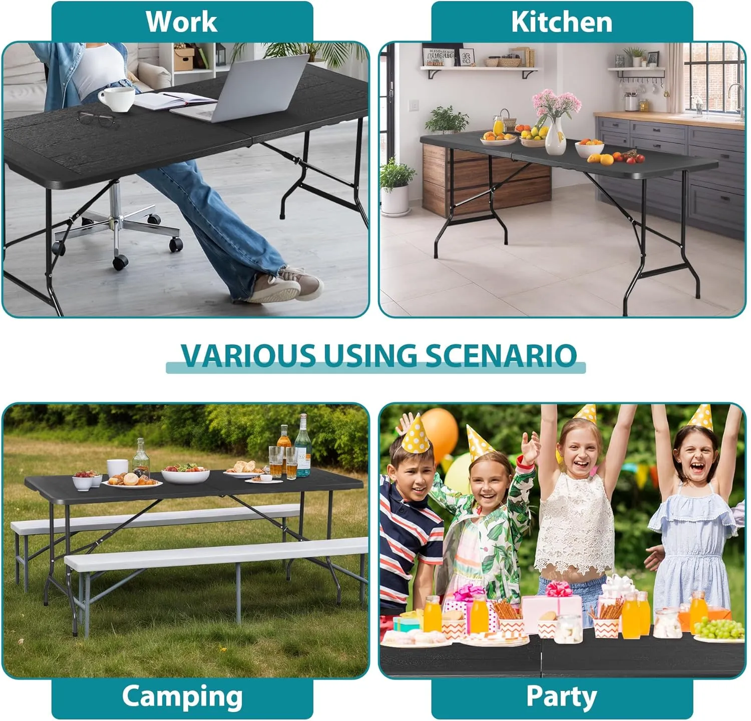 ZenStyle Indoor Outdoor Heavy Duty Plastic Folding Table Portable Picnic Table Fold-in-Half Utility Table w/Handle and Steel Legs for Camping, Dining, Party (Black, 6ft)
