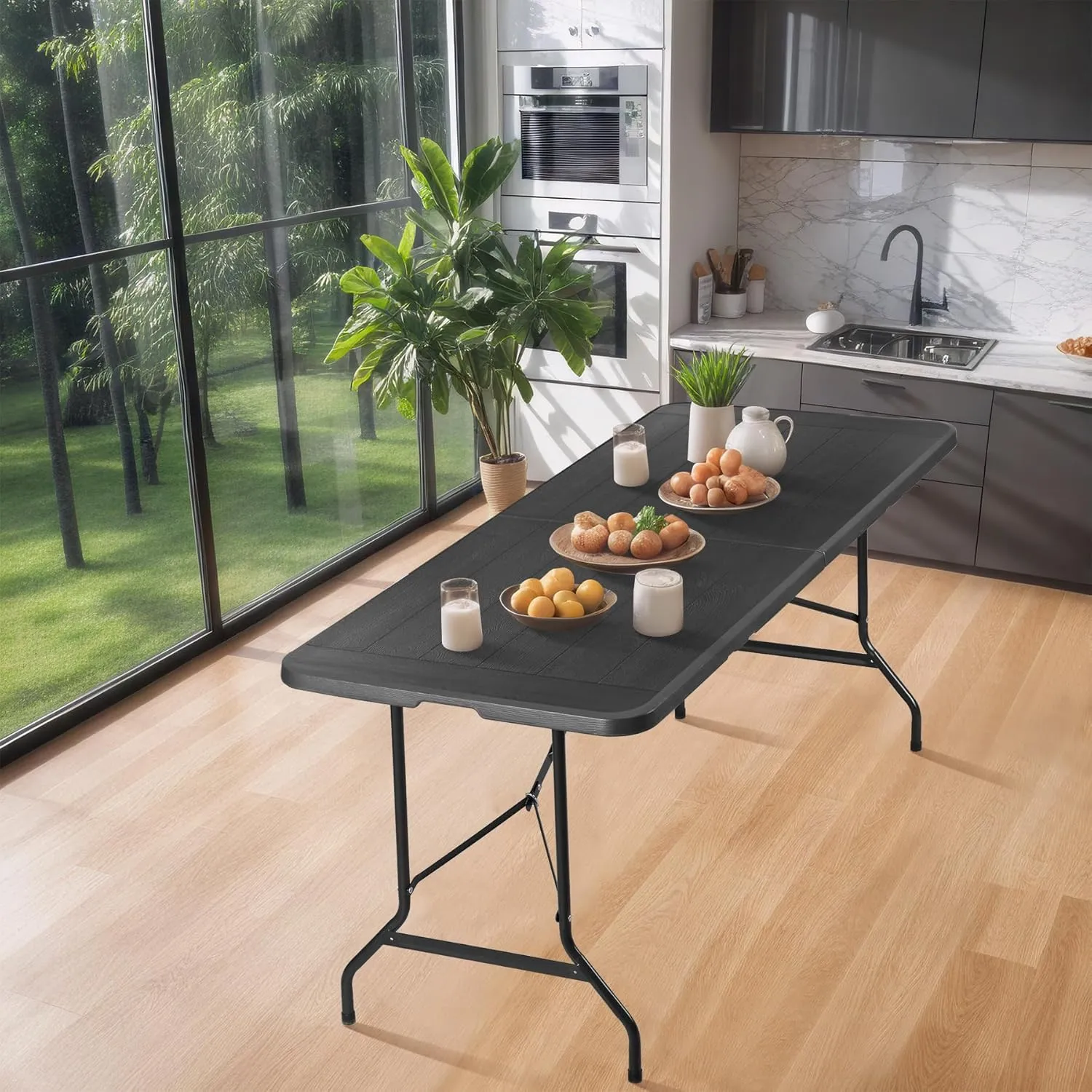 ZenStyle Indoor Outdoor Heavy Duty Plastic Folding Table Portable Picnic Table Fold-in-Half Utility Table w/Handle and Steel Legs for Camping, Dining, Party (Black, 6ft)