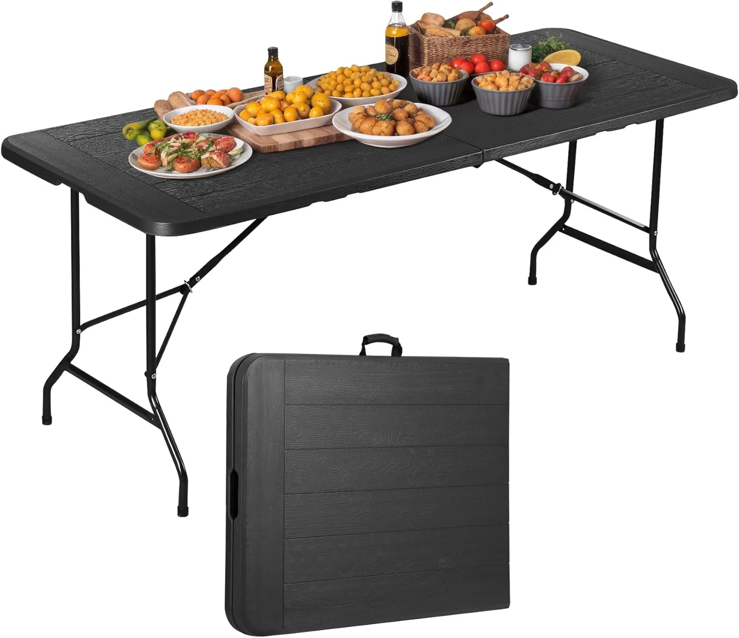 ZenStyle Indoor Outdoor Heavy Duty Plastic Folding Table Portable Picnic Table Fold-in-Half Utility Table w/Handle and Steel Legs for Camping, Dining, Party (Black, 6ft)