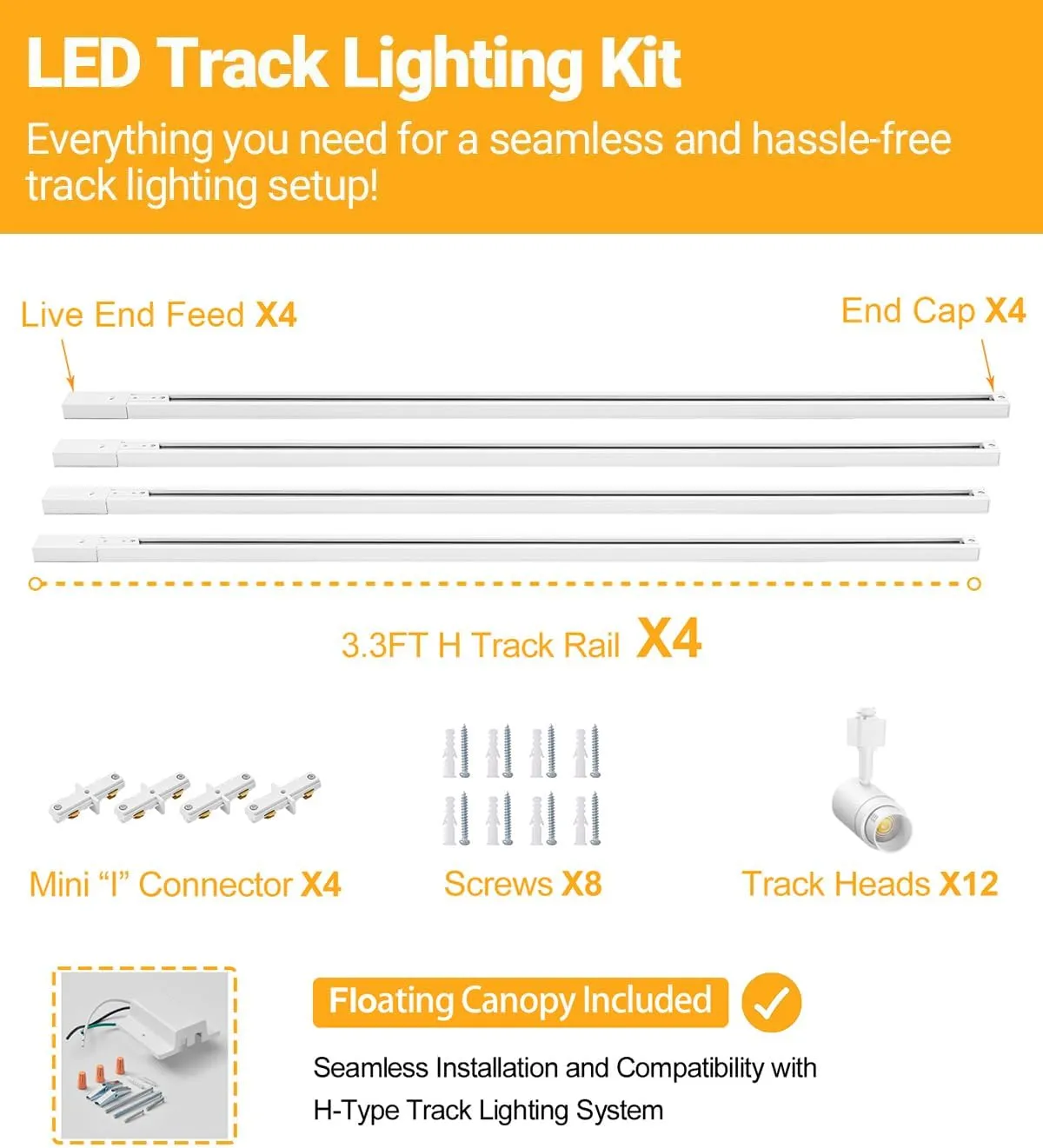 Zoomable 12-Light LED Track Lighting Kit with 13FT H Track Lighting Rail & Floating Canopy Connector, Modern Kitchen Track Lighting Fixtures Ceiling Spotlight, 12W Track Heads 3000K White